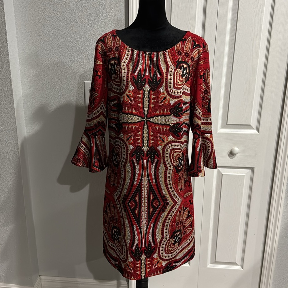 New York & Company Red and Black Paisley Long Sleeve Dress